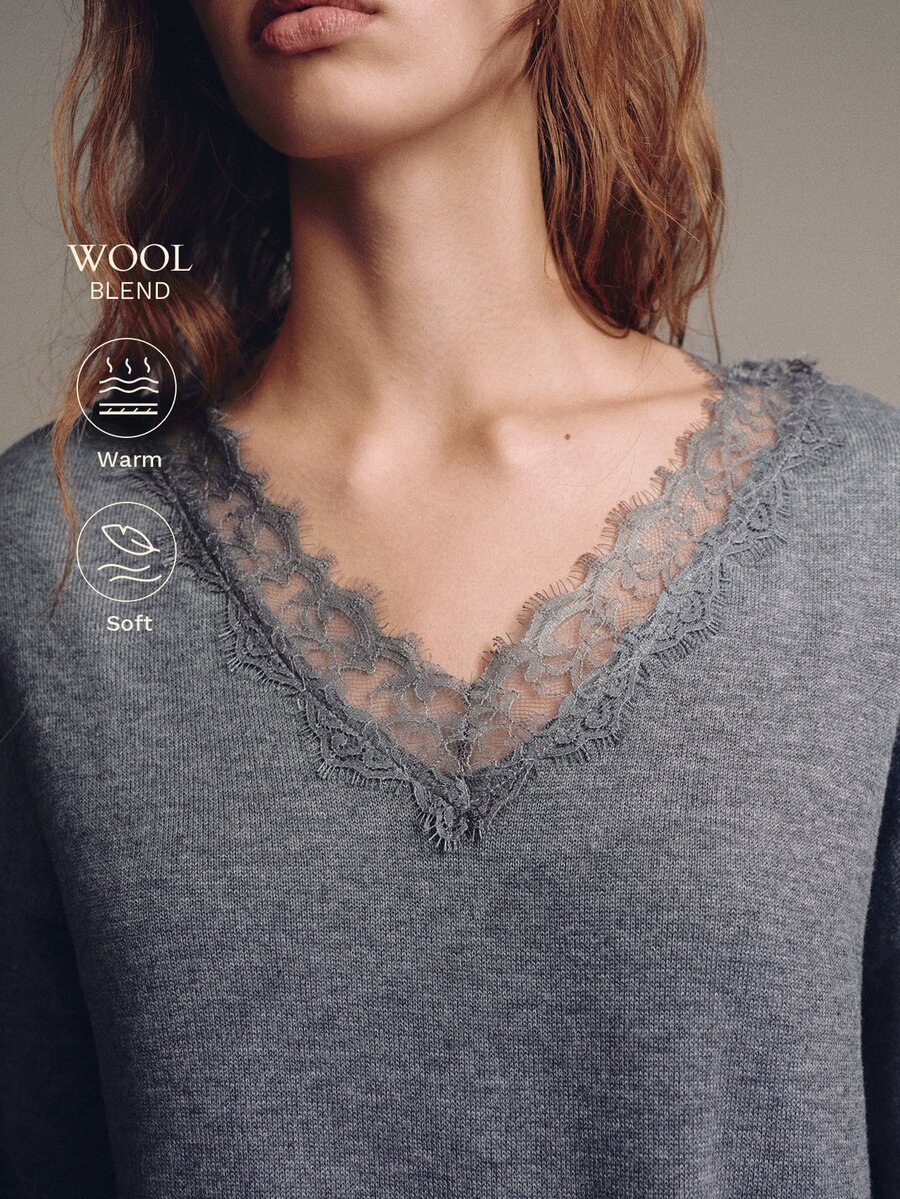 MOTF PREMIUM MINIMALIST LOOSE LACE PATCHWORK V-NECK SWEATER - Grey - View 1