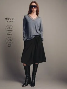 MOTF PREMIUM MINIMALIST LOOSE LACE PATCHWORK V-NECK SWEATER - Grey - View 2