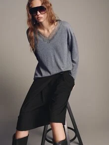 MOTF PREMIUM MINIMALIST LOOSE LACE PATCHWORK V-NECK SWEATER - Grey - View 6