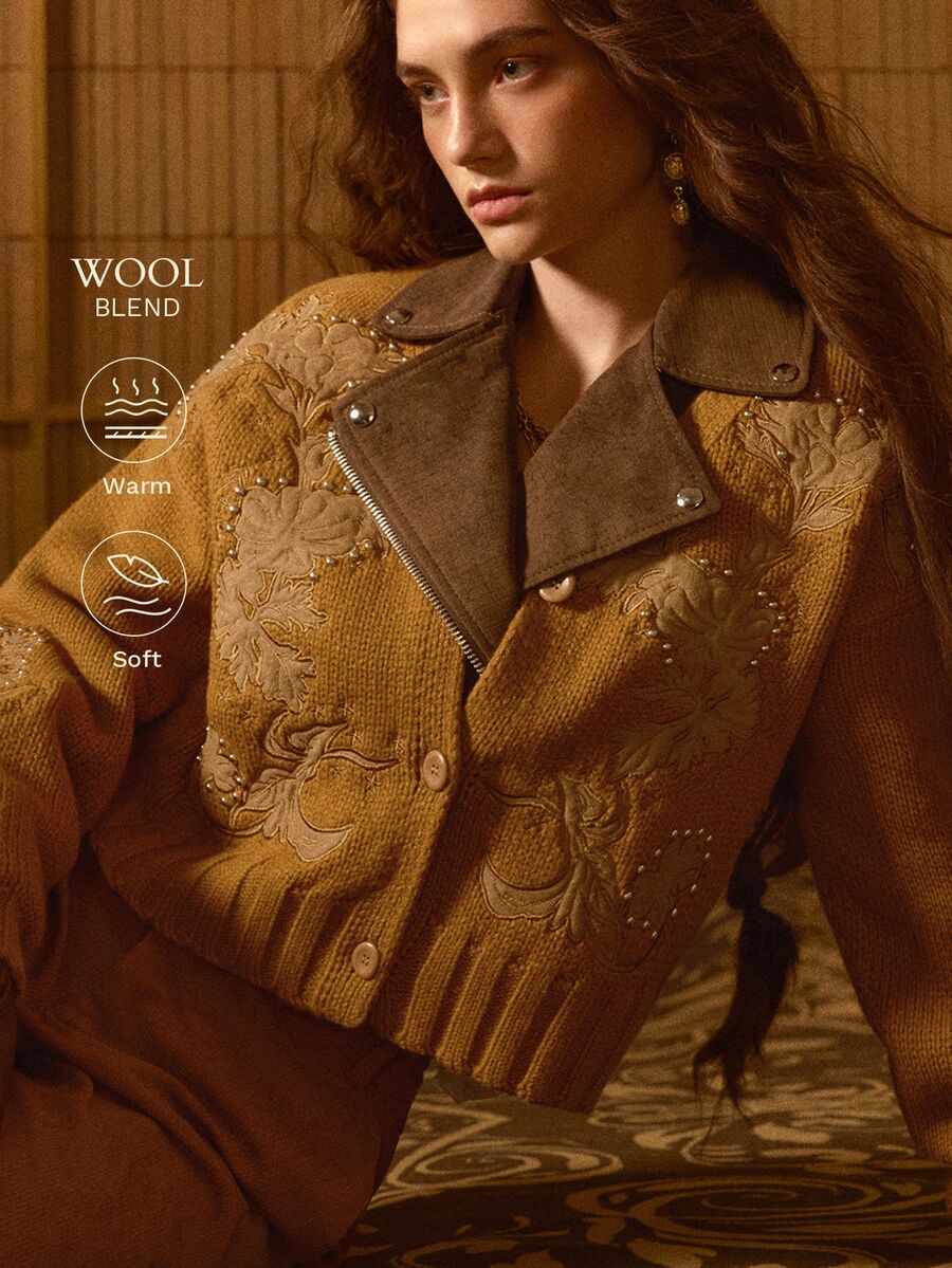 MOTF STUDIO WOMEN'S AUTUMN/WINTER VELVET-FEEL VINTAGE FLORAL APPLIQUE EMBROIDERED KNIT CARDIGAN - Camel - View 1