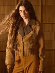 MOTF STUDIO WOMEN'S AUTUMN/WINTER VELVET-FEEL VINTAGE FLORAL APPLIQUE EMBROIDERED KNIT CARDIGAN - Camel - View 6