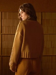MOTF STUDIO WOMEN'S AUTUMN/WINTER VELVET-FEEL VINTAGE FLORAL APPLIQUE EMBROIDERED KNIT CARDIGAN - Camel - View 7