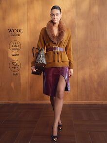 MOTF PREMIUM WOMEN'S AUTUMN/WINTER KNIT & PU PATCHWORK FUR COLLAR OPEN FRONT TOP - Coffee Brown - View 5