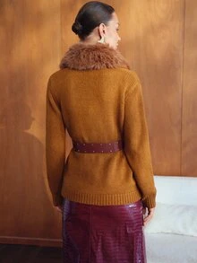 MOTF PREMIUM WOMEN'S AUTUMN/WINTER KNIT & PU PATCHWORK FUR COLLAR OPEN FRONT TOP - Coffee Brown - View 7