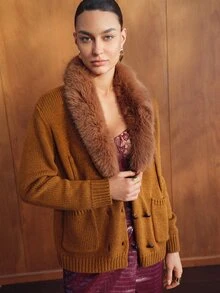 MOTF PREMIUM WOMEN'S AUTUMN/WINTER KNIT & PU PATCHWORK FUR COLLAR OPEN FRONT TOP - Coffee Brown - View 4