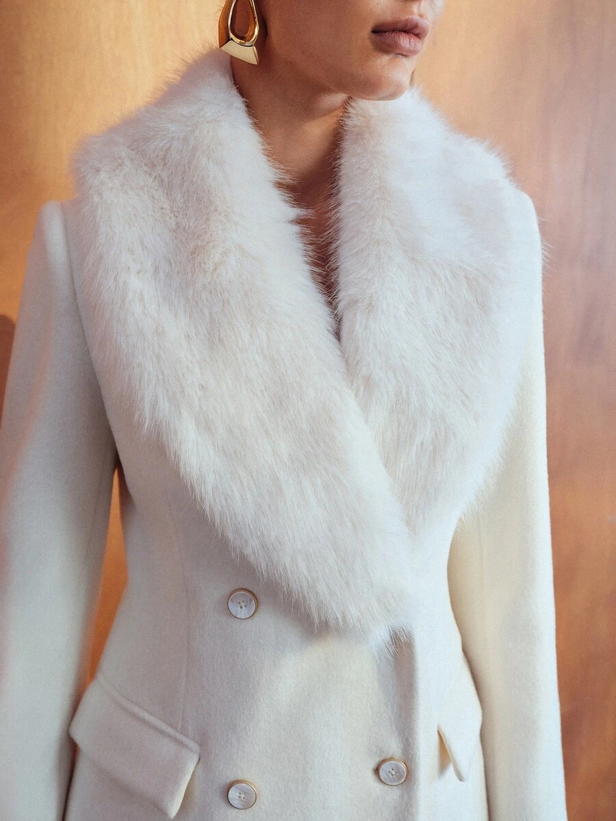 MOTF PREMIUM ELEGANT WHITE FAUX FUR & WOOL BLEND PATCHWORK WOMEN'S OVERCOAT, AUTUMN/WINTER - Beige - View 2