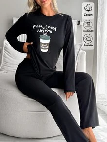 SHEIN طقم بيجامة نسائي لطيف بطبعة قهوة، ملابس علوية بأكمام طويلة وبنطلون سادة، ملابس منزلية ناعمة - الأسود - مشاهدة 6