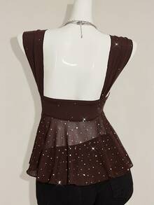 SHEIN ICON Shiny Fabric Asymmetrical Mesh Hem Women Tank Top - Coffee Brown - View 2