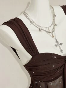 SHEIN ICON Shiny Fabric Asymmetrical Mesh Hem Women Tank Top - Coffee Brown - View 8