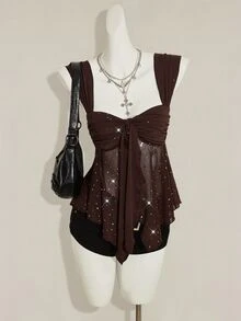 SHEIN ICON Shiny Fabric Asymmetrical Mesh Hem Women Tank Top - Coffee Brown - View 4