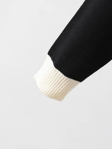 SHEIN Tween女孩溫柔甜美獨特設計秋冬新款黑色對比色圓領厚實手工3D蝴蝶結裝飾寬鬆百搭優雅針織長袖開襟毛衣，可搭配吊帶裙、蓬蓬裙、洋裝，適合日常穿著、節日穿搭、秋冬毛衣 - 黑色 - 查看 5
