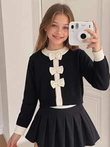 SHEIN Tween女孩溫柔甜美獨特設計秋冬新款黑色對比色圓領厚實手工3D蝴蝶結裝飾寬鬆百搭優雅針織長袖開襟毛衣，可搭配吊帶裙、蓬蓬裙、洋裝，適合日常穿著、節日穿搭、秋冬毛衣 - 黑色 - 查看 8