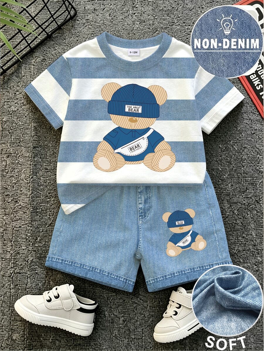 SHEIN Baby Boy Crew Neck Cartoon Pattern Colorblock Short Sleeve T-Shirt And Shorts Set, Suitable For Outdoor Activities,School Clothes