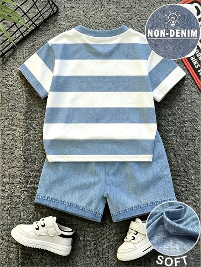 SHEIN Baby Boy Crew Neck Cartoon Pattern Colorblock Short Sleeve T-Shirt And Shorts Set, Suitable For Outdoor Activities,School Clothes