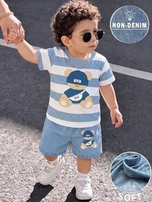 SHEIN Baby Boy Crew Neck Cartoon Pattern Colorblock Short Sleeve T-Shirt And Shorts Set, Suitable For Outdoor Activities,School Clothes - Multicolor - View 5