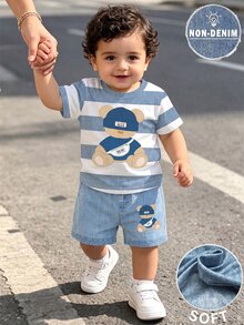 SHEIN Baby Boy Crew Neck Cartoon Pattern Colorblock Short Sleeve T-Shirt And Shorts Set, Suitable For Outdoor Activities,School Clothes - Multicolor - View 4