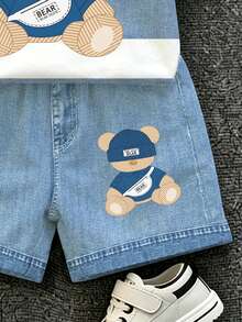 SHEIN Baby Boy Crew Neck Cartoon Pattern Colorblock Short Sleeve T-Shirt And Shorts Set, Suitable For Outdoor Activities,School Clothes - Multicolor - View 7