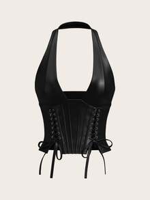 SHEIN ICON Women's Solid Color Simple Casual PU Leather Halter Neck Grommet Decor Tied Tank Y2K Going Out Burgundy V-Neck Off Shoulder Top - Black - View 1