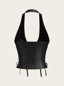 SHEIN ICON Women's Solid Color Simple Casual PU Leather Halter Neck Grommet Decor Tied Tank Y2K Going Out Burgundy V-Neck Off Shoulder Top - Black - View 2