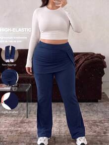 SHEIN Sports Women's Plus-Size High-Quality Navy Blue 2-In-1 Flared Skort – Suitable For Fitness, Autumn/Winter Travel, And Outdoor Activities - Navy Blue - View 2