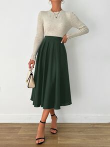 SHEIN تنورة كاجوال بقصة A-خط مطوية بلون سادة مقاس كبير - أخضر عسكري - مشاهدة 7