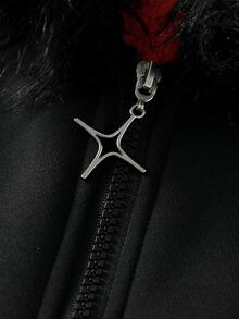 ROMWE MEN Men's Letter Print Long Sleeve Zip-Up Fur Collar Hooded Sweatshirt - Black - View 2