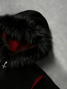 ROMWE MEN Men's Letter Print Long Sleeve Zip-Up Fur Collar Hooded Sweatshirt - Black - View 4