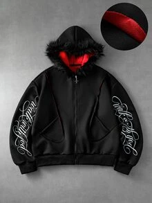 ROMWE MEN Men's Letter Print Long Sleeve Zip-Up Fur Collar Hooded Sweatshirt - Black - View 8
