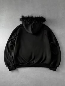 ROMWE MEN Men's Letter Print Long Sleeve Zip-Up Fur Collar Hooded Sweatshirt - Black - View 3