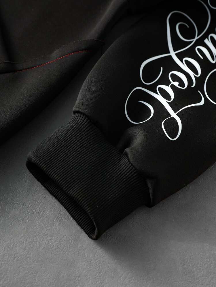 ROMWE MEN Sweatshirt Pria Lengan Panjang dengan Resleting dan Kerah Bulu, Dilengkapi Motif Huruf dan Tudung. - Hitam - View 7