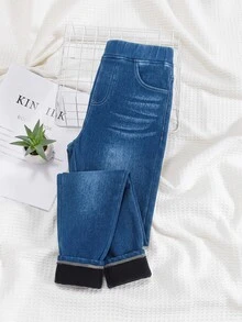 SHEIN 青少年女孩秋冬深藍色丹寧抓絨內裡彈力緊身褲 Y2K 藍色牛仔褲 秋冬休閒服 - 藍色 - 查看 6