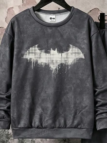 BATMAN X SHEIN 2件組 青少年男孩紮染印花圓領長袖刷毛運動衫與配套運動長褲套裝，適合秋冬街頭穿搭 - 彩色 - 查看 3