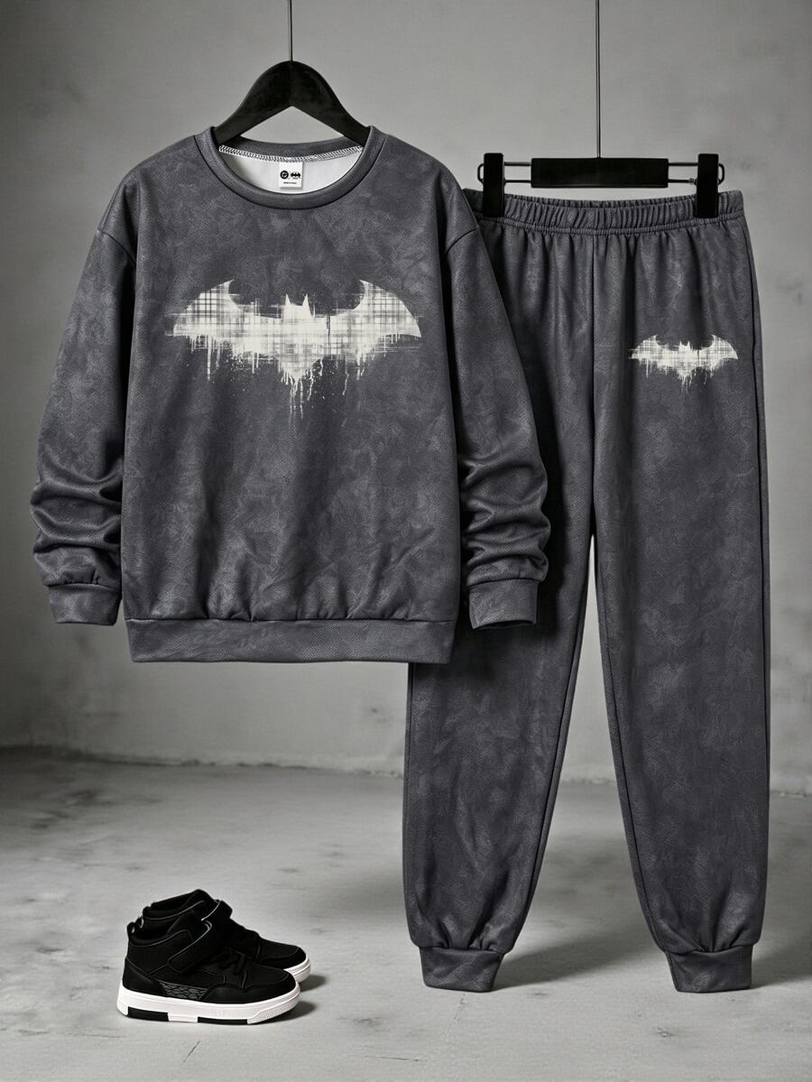 BATMAN X SHEIN 2pcs Tween Boy Tie-Dye Print Crew Neck Long Sleeve Fleece Sweatshirt And Matching Sweatpants Set, Suitable For Autumn/Winter Streetwear - Multicolor - View 1
