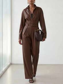 Zivah Women's Solid Color Drop Shoulder Long Sleeve Waist Buckle Design Fashion Jumpsuit - Brown - View 7