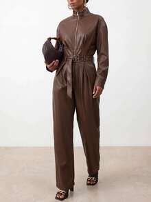 Zivah Women's Solid Color Drop Shoulder Long Sleeve Waist Buckle Design Fashion Jumpsuit - Brown - View 10