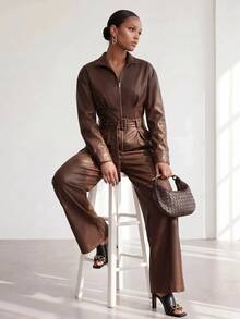Zivah Women's Solid Color Drop Shoulder Long Sleeve Waist Buckle Design Fashion Jumpsuit - Brown - View 11