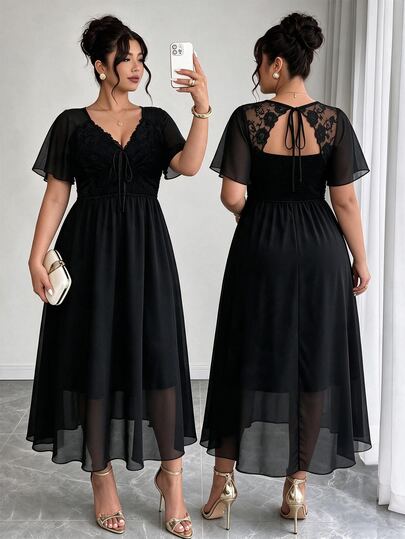 Elenzga Robe en mousseline de grande taille avec patchwork de dentelle froncée, dos nu, pour mariage, soirée, fête, invitée, noire, élégante, vêtements d'automne et de printemps pour femmes