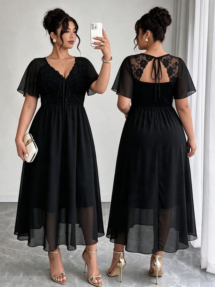 Elenzga Gaun Chiffon Tanpa Punggung dengan Detail Renda dan Lipatan Ukuran Besar untuk Musim Gugur dan Musim Semi, Cocok untuk Pesta Pernikahan Malam Hari, Warna Hitam, Pakaian Elegan untuk Wanita di Musim Gugur dan Musim Gugur. - Hitam - View 1