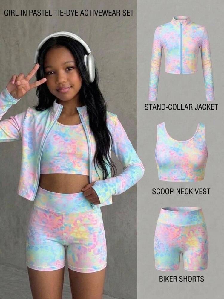SHEIN Tween Girls Leopard Print Pink And Purple Striped Long Sleeve Stand Collar Zip-Up T-Shirt Leggings 3-Piece Sports Set Autumn Outfits Gym Workout Y2k - Multicolor - View 3