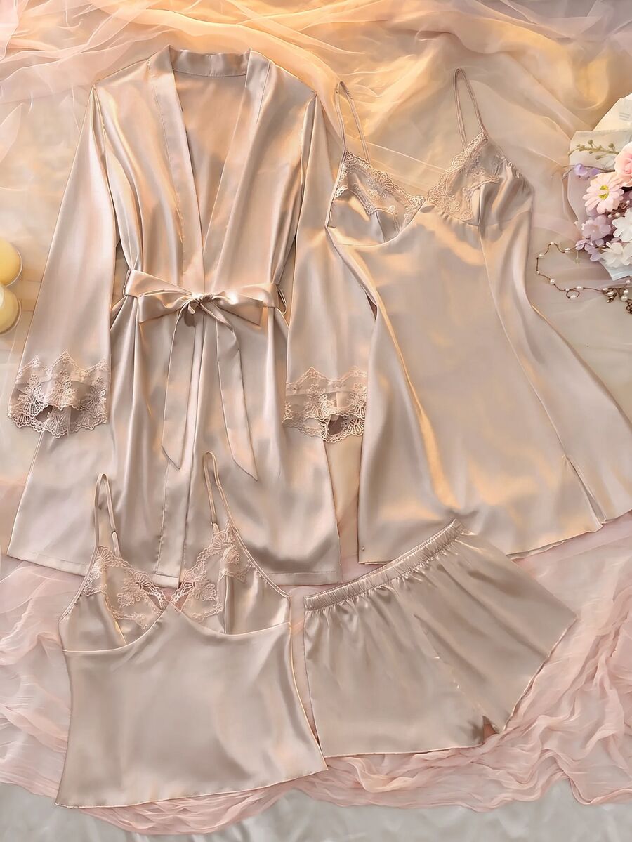 DelicateAllure 四件套睡衣：刺绣滚边V领仿丝吊带睡裙、吊带上衣、短裤和系带睡袍，秋冬服装 - 香檳色 - 查看 1
