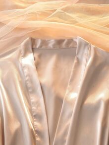 DelicateAllure 四件套睡衣：刺绣滚边V领仿丝吊带睡裙、吊带上衣、短裤和系带睡袍，秋冬服装 - 香檳色 - 查看 5