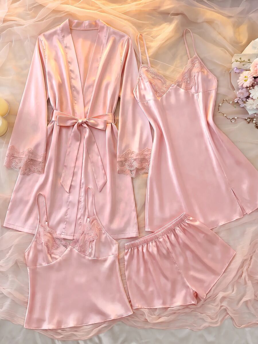 DelicateAllure 四件套:刺绣V领仿丝吊带裙、短裤吊带背心和睡袍,粉色睡衣套装,秋冬服装 - 粉色 - 查看 1