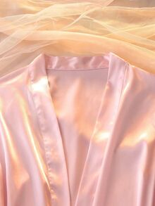 DelicateAllure 四件套：刺绣V领仿丝吊带裙、短裤吊带背心和睡袍，粉色睡衣套装，秋冬服装 - 粉色 - 查看 5