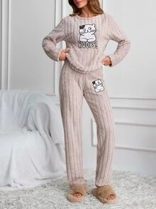 SHEIN Cute Cat Graphic Ribbed Plush Casual Pajama Set - Beige - View 4