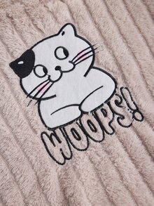 SHEIN Cute Cat Graphic Ribbed Plush Casual Pajama Set - Beige - View 6