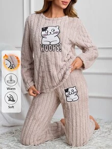 SHEIN Cute Cat Graphic Ribbed Plush Casual Pajama Set - Beige - View 7