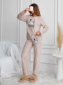 SHEIN Cute Cat Graphic Ribbed Plush Casual Pajama Set - Beige - View 5