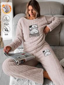 SHEIN Cute Cat Graphic Ribbed Plush Casual Pajama Set - Beige - View 8