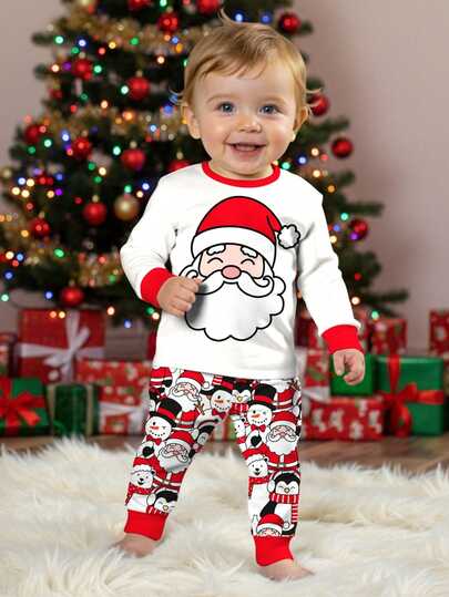 SHEIN Baby Boy Christmas Santa Claus & Penguin Print Pajamas Set,White Autumn Cute Matching Family Snug Fit Round Neck Long Sleeve Top & Pants Sleepwear