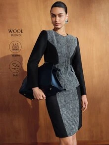 MOTF PREMIUM WOMEN'S COARSE WOOL COLORBLOCK ELEGANT COMMUTER AUTUMN/WINTER JACKET COAT - Grey - View 5